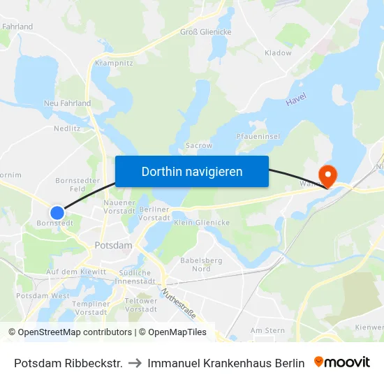 Potsdam Ribbeckstr. to Immanuel Krankenhaus Berlin map