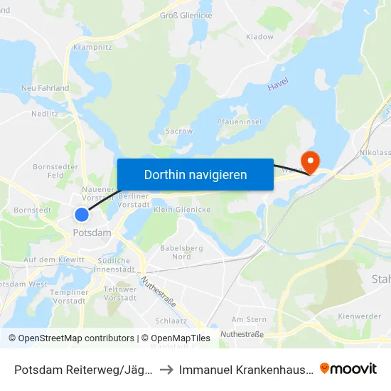 Potsdam Reiterweg/Jägerallee to Immanuel Krankenhaus Berlin map