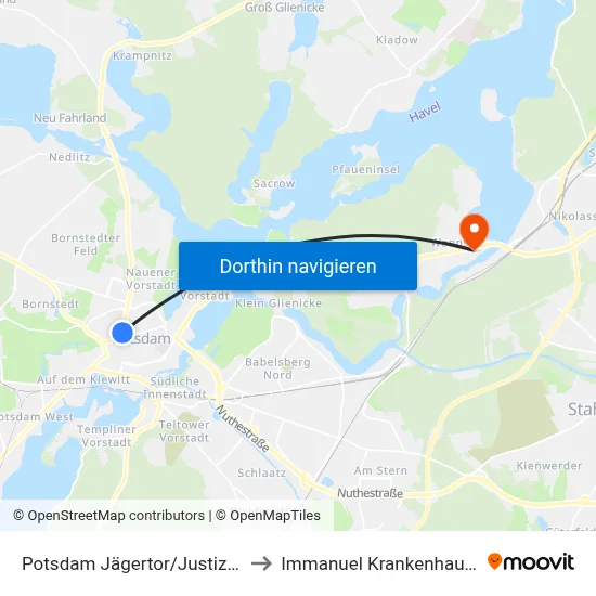 Potsdam Jägertor/Justizzentrum to Immanuel Krankenhaus Berlin map