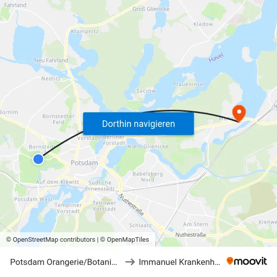 Potsdam Orangerie/Botanischer Garten to Immanuel Krankenhaus Berlin map