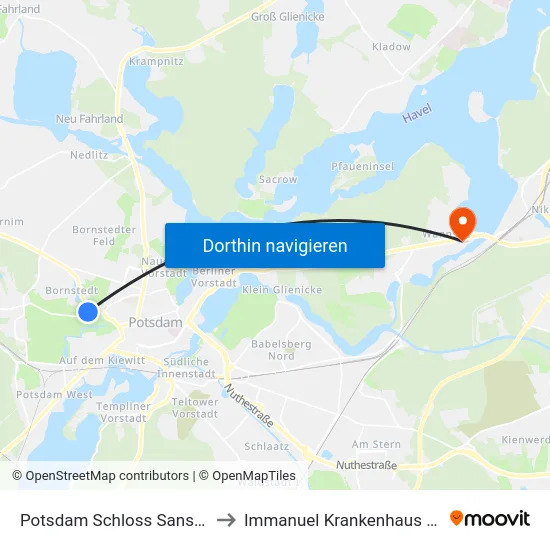 Potsdam Schloss Sanssouci to Immanuel Krankenhaus Berlin map