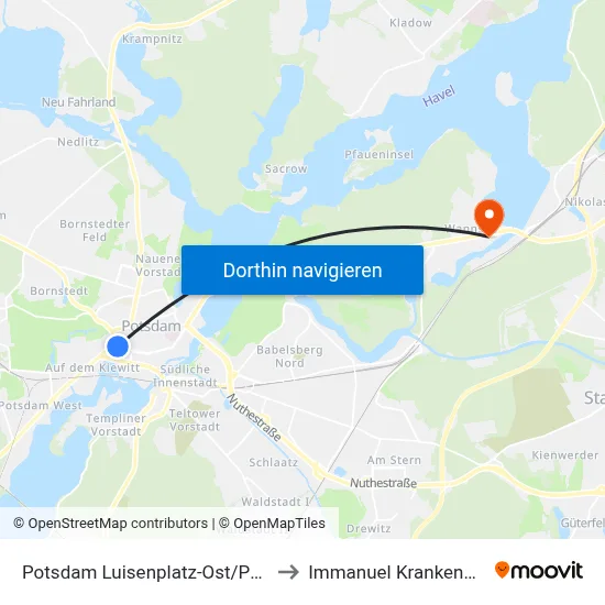 Potsdam Luisenplatz-Ost/Park Sanssouci to Immanuel Krankenhaus Berlin map