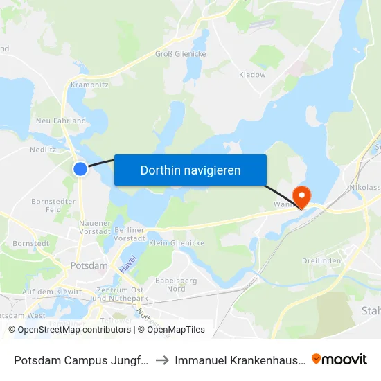 Potsdam Campus Jungfernsee to Immanuel Krankenhaus Berlin map