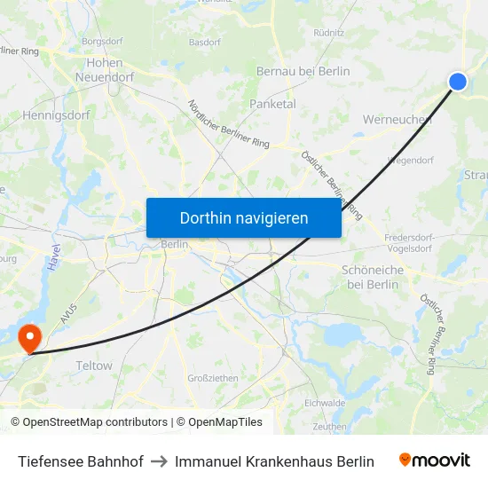 Tiefensee Bahnhof to Immanuel Krankenhaus Berlin map