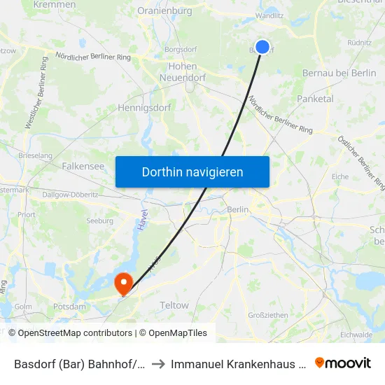 Basdorf (Bar) Bahnhof/B109 to Immanuel Krankenhaus Berlin map