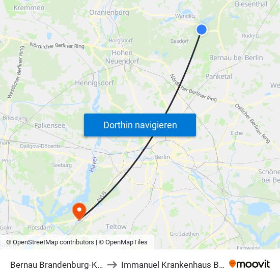 Bernau Brandenburg-Klinik to Immanuel Krankenhaus Berlin map