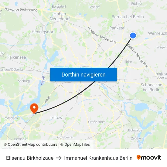 Elisenau Birkholzaue to Immanuel Krankenhaus Berlin map