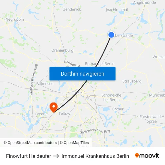 Finowfurt Heideufer to Immanuel Krankenhaus Berlin map