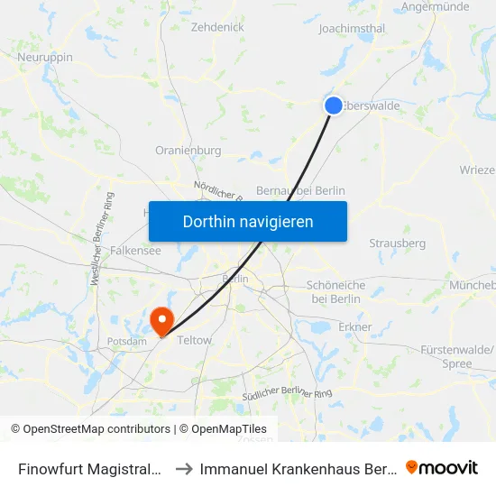 Finowfurt Magistrale 1 to Immanuel Krankenhaus Berlin map