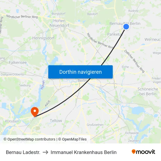 Bernau Ladestr. to Immanuel Krankenhaus Berlin map