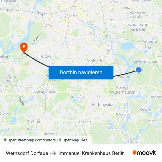 Wernsdorf Dorfaue to Immanuel Krankenhaus Berlin map