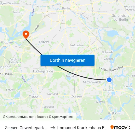 Zeesen Gewerbepark Süd to Immanuel Krankenhaus Berlin map