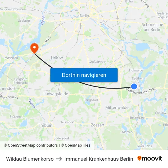 Wildau Blumenkorso to Immanuel Krankenhaus Berlin map
