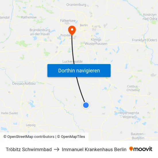 Tröbitz Schwimmbad to Immanuel Krankenhaus Berlin map