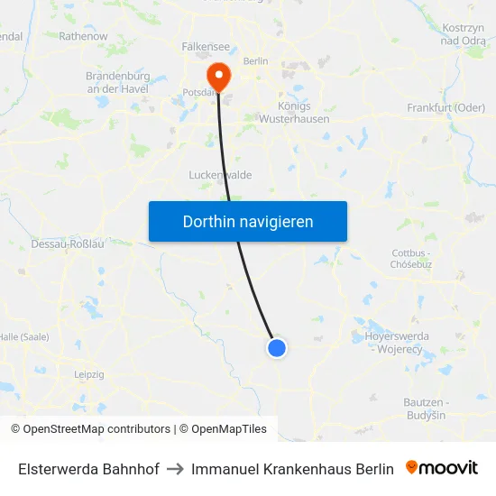 Elsterwerda Bahnhof to Immanuel Krankenhaus Berlin map