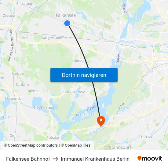 Falkensee Bahnhof to Immanuel Krankenhaus Berlin map