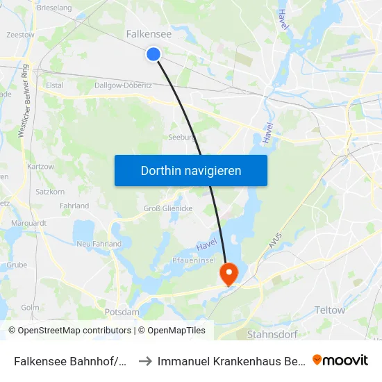 Falkensee Bahnhof/Süd to Immanuel Krankenhaus Berlin map
