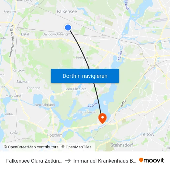 Falkensee Clara-Zetkin-Str. to Immanuel Krankenhaus Berlin map