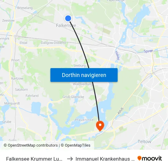 Falkensee Krummer Luchweg to Immanuel Krankenhaus Berlin map