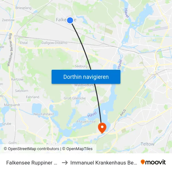 Falkensee Ruppiner Str. to Immanuel Krankenhaus Berlin map