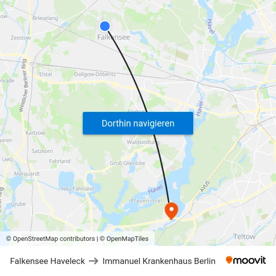 Falkensee Haveleck to Immanuel Krankenhaus Berlin map