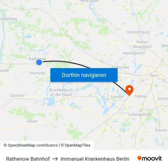 Rathenow Bahnhof to Immanuel Krankenhaus Berlin map