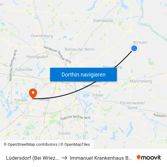 Lüdersdorf (Bei Wriezen) to Immanuel Krankenhaus Berlin map