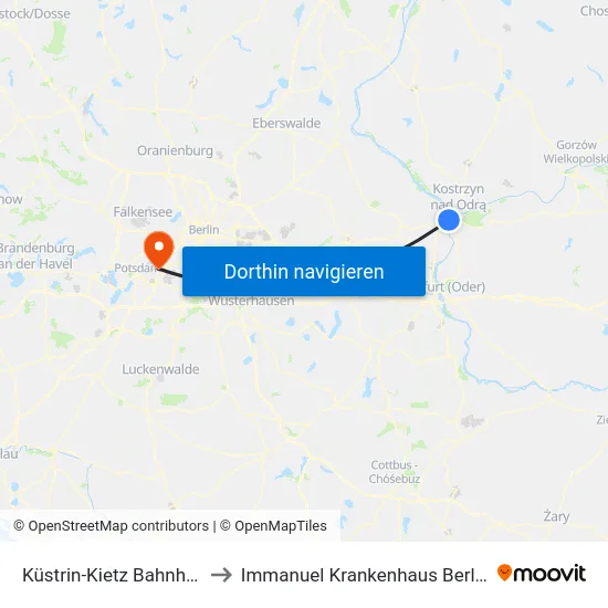 Küstrin-Kietz Bahnhof to Immanuel Krankenhaus Berlin map
