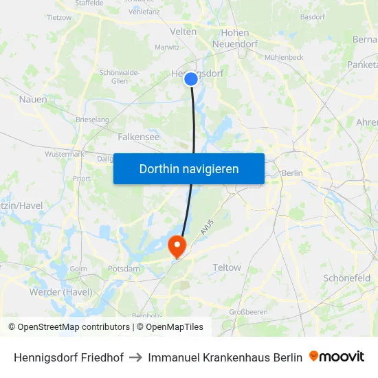 Hennigsdorf Friedhof to Immanuel Krankenhaus Berlin map