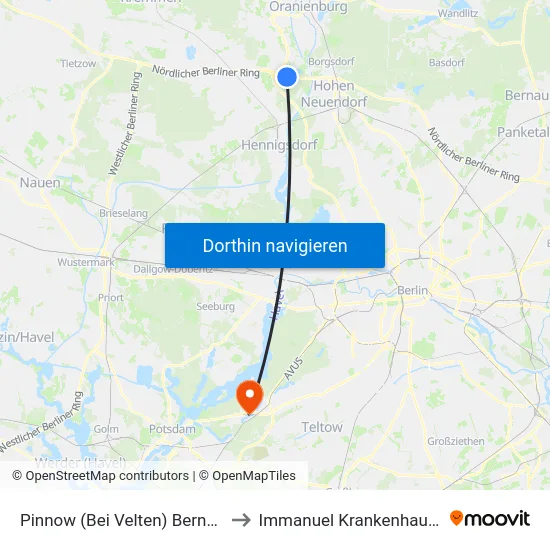 Pinnow (Bei Velten) Bernsteinsee to Immanuel Krankenhaus Berlin map
