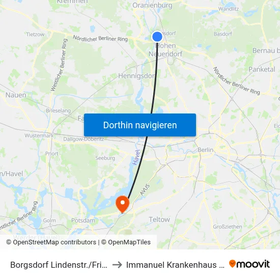 Borgsdorf Lindenstr./Friedhof to Immanuel Krankenhaus Berlin map