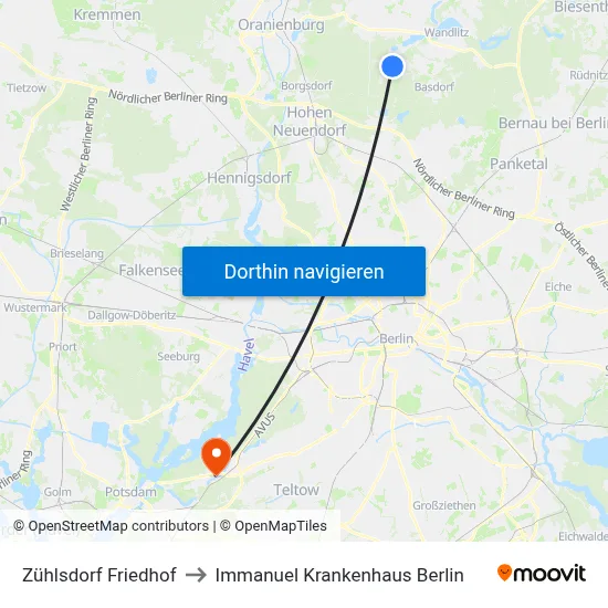 Zühlsdorf Friedhof to Immanuel Krankenhaus Berlin map