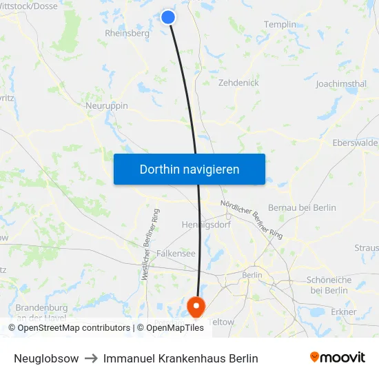 Neuglobsow to Immanuel Krankenhaus Berlin map
