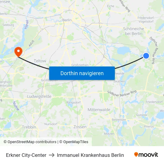 Erkner City-Center to Immanuel Krankenhaus Berlin map