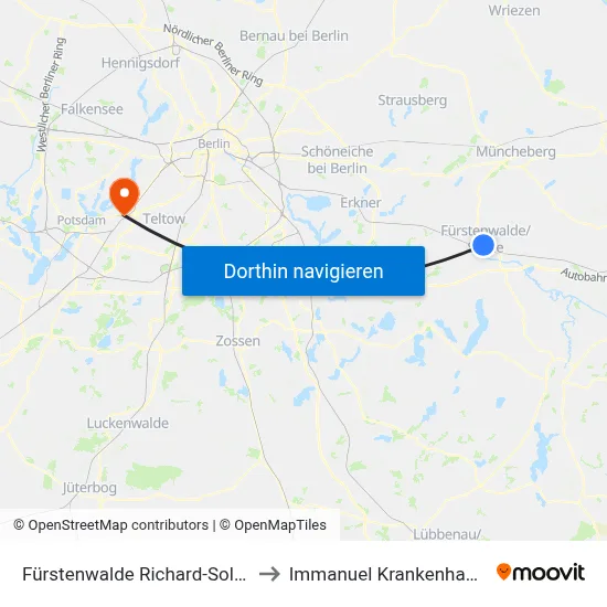 Fürstenwalde Richard-Soland-Ring to Immanuel Krankenhaus Berlin map