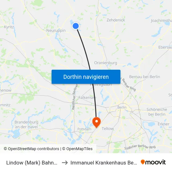 Lindow (Mark) Bahnhof to Immanuel Krankenhaus Berlin map