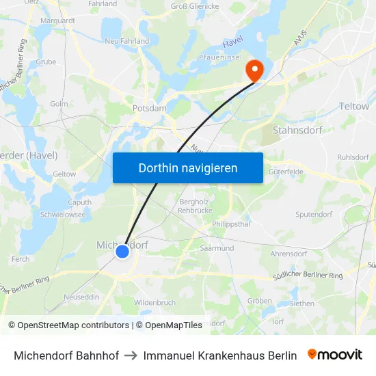 Michendorf Bahnhof to Immanuel Krankenhaus Berlin map