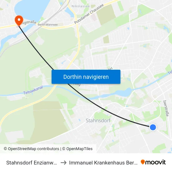 Stahnsdorf Enzianweg to Immanuel Krankenhaus Berlin map