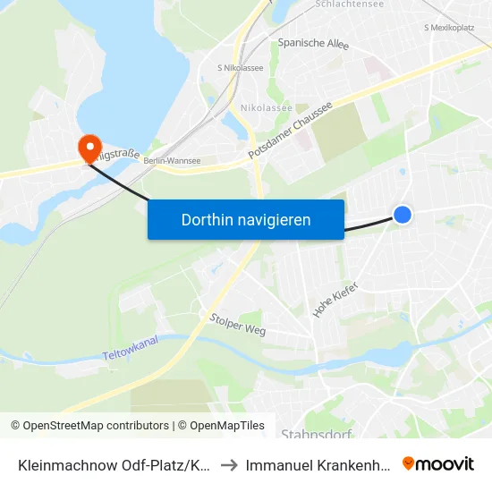 Kleinmachnow Odf-Platz/Karl-Marx-Str. to Immanuel Krankenhaus Berlin map