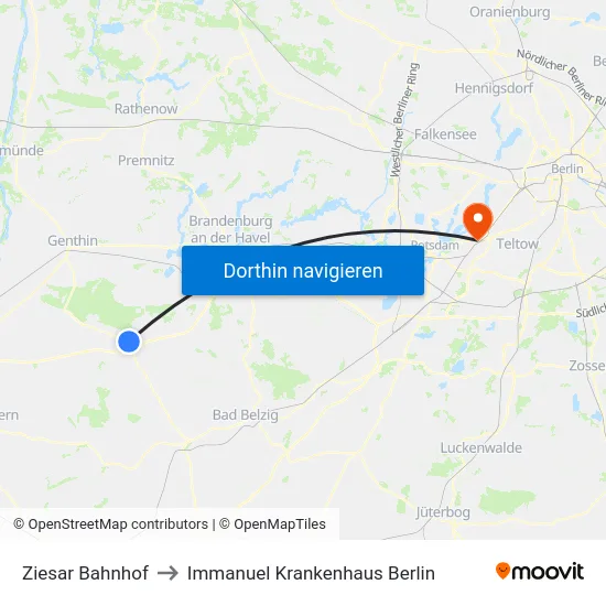 Ziesar Bahnhof to Immanuel Krankenhaus Berlin map