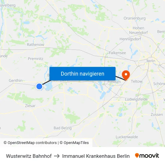 Wusterwitz Bahnhof to Immanuel Krankenhaus Berlin map