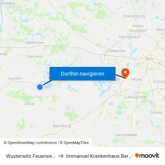 Wusterwitz Feuerwehr to Immanuel Krankenhaus Berlin map