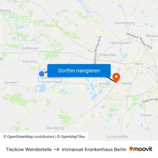Tieckow Wendestelle to Immanuel Krankenhaus Berlin map