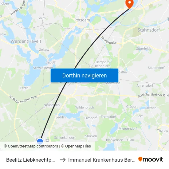 Beelitz Liebknechtpark to Immanuel Krankenhaus Berlin map