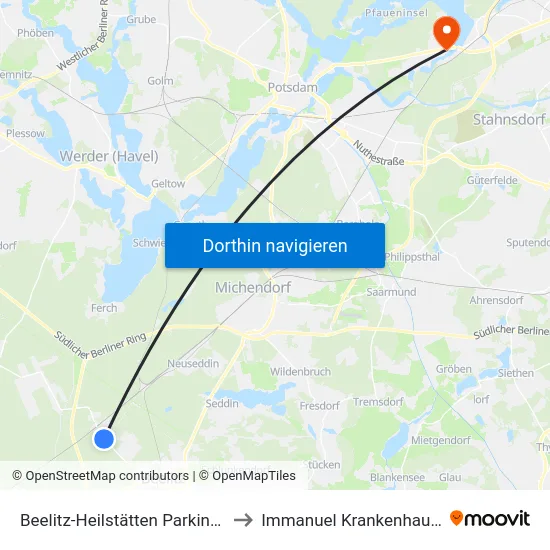 Beelitz-Heilstätten Parkinsonklinik to Immanuel Krankenhaus Berlin map