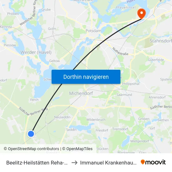 Beelitz-Heilstätten Reha-Kliniken to Immanuel Krankenhaus Berlin map