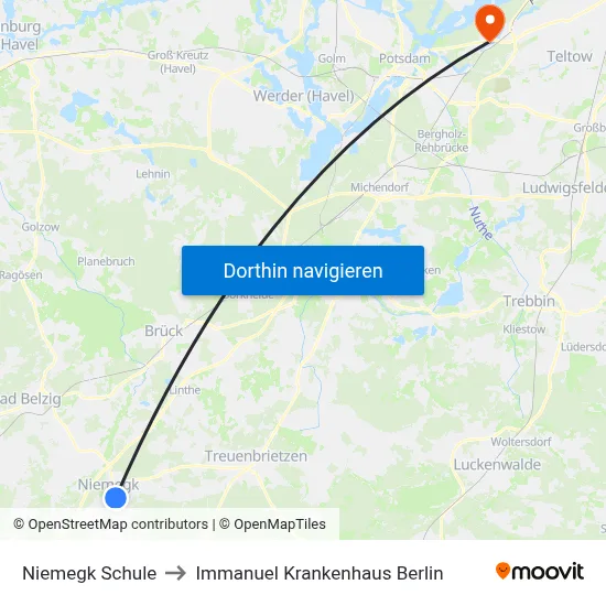 Niemegk Schule to Immanuel Krankenhaus Berlin map