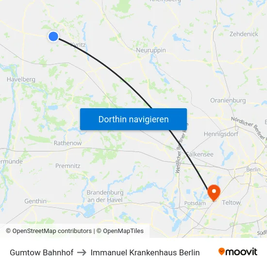 Gumtow Bahnhof to Immanuel Krankenhaus Berlin map