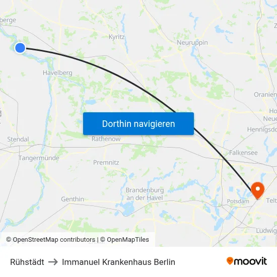 Rühstädt to Immanuel Krankenhaus Berlin map