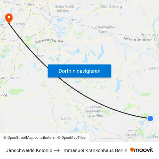 Jänschwalde Kolonie to Immanuel Krankenhaus Berlin map